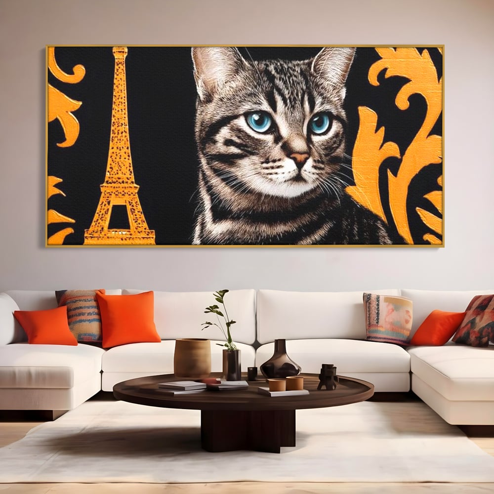 Tablou canvas cu tablou canvas cu pisica si turnul eiffel, in rama de aluminiu auriu, pe perete intr-un living